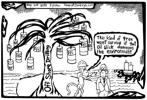 Oil growing on trees getting harmed by BP oil disaster, by Yonatan Frimer maze cartoon, political maze