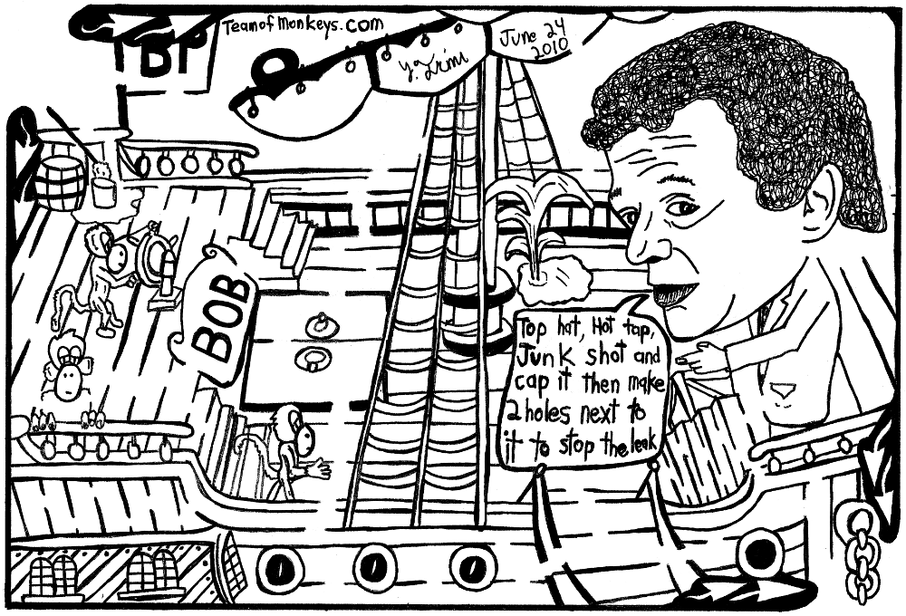 maze cartoon of Tony Hayward with a leak in his boat.