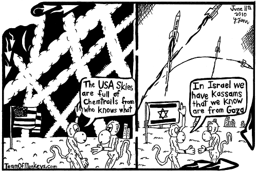 maze cartoon of chemtrails vs kassams Yonatan Frimer