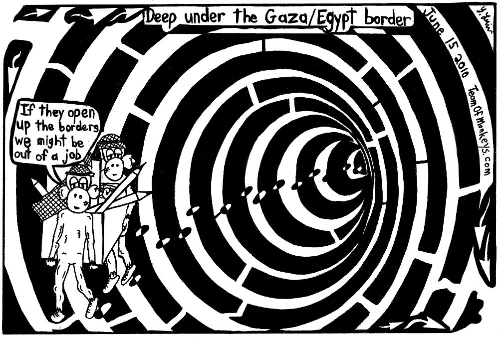 cartoon maze of psychedelic hamas smuggling tunnel, by Yonatan Frimer