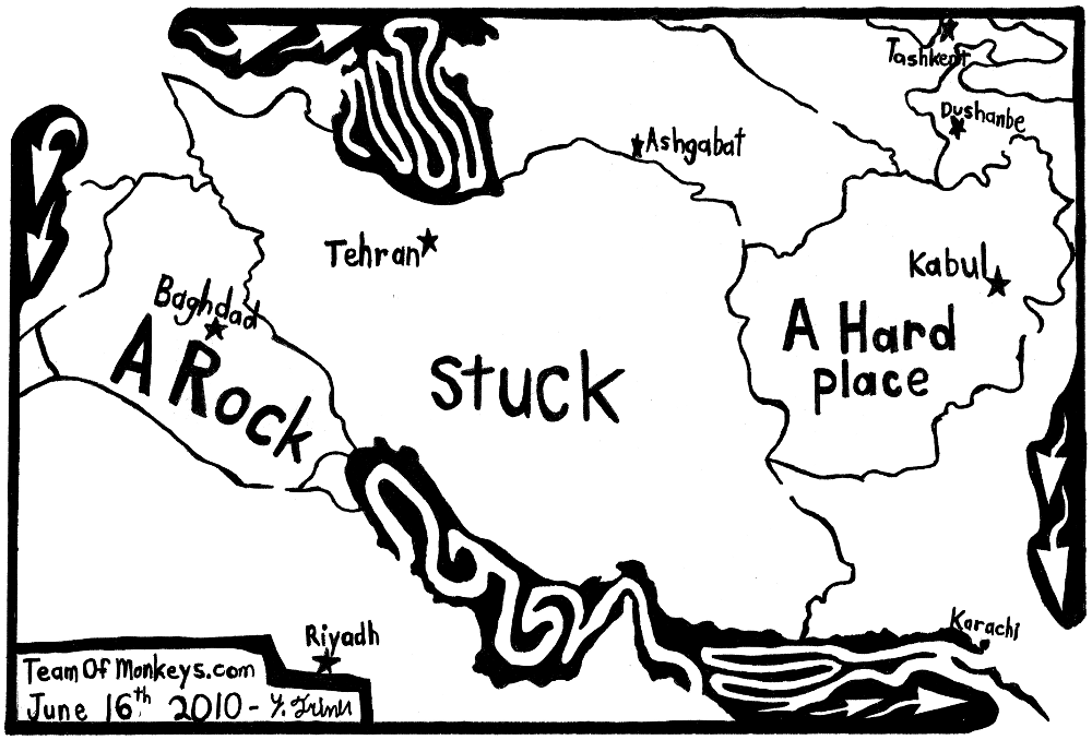 map of iraq afghanistan. Maze cartoon of a map of the middle-east. Iran is marked as "Stuck" and Iraq 