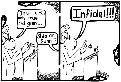 Maze cartoon of sunni, shia, islam infidel.