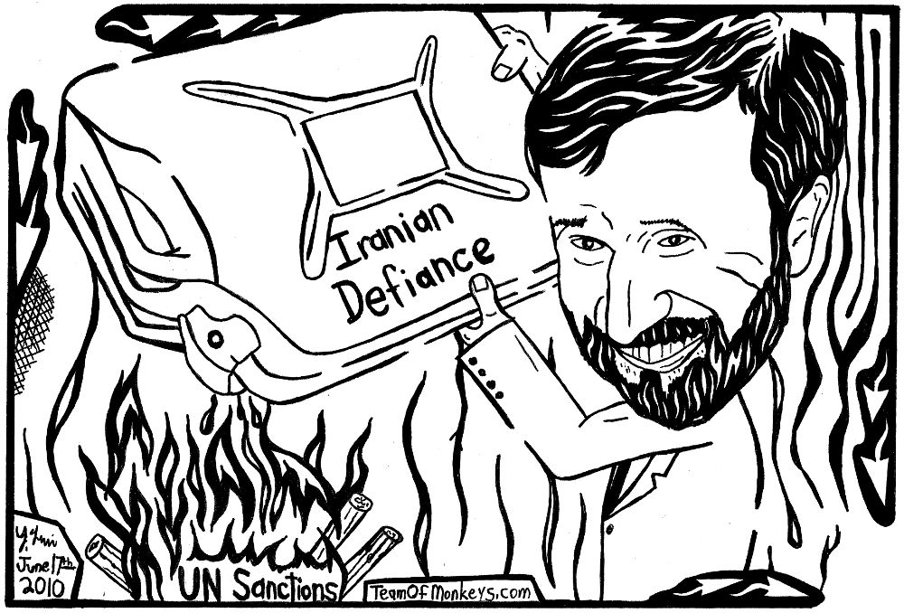 maze cartoon of Mahmoud Ahmadinejad throwing gasoline on the fire of UN Sanctions