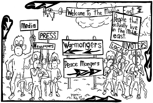 maze cartoon of peace and war mongers