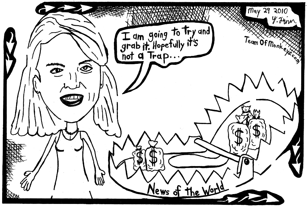 Cartoon maze of Sarah Furguson taking a bribe from a trap.