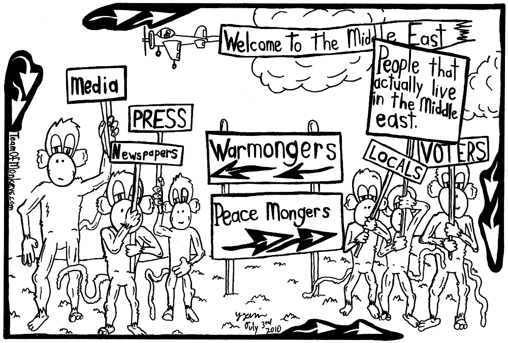 maze cartoon of peace and war mongers