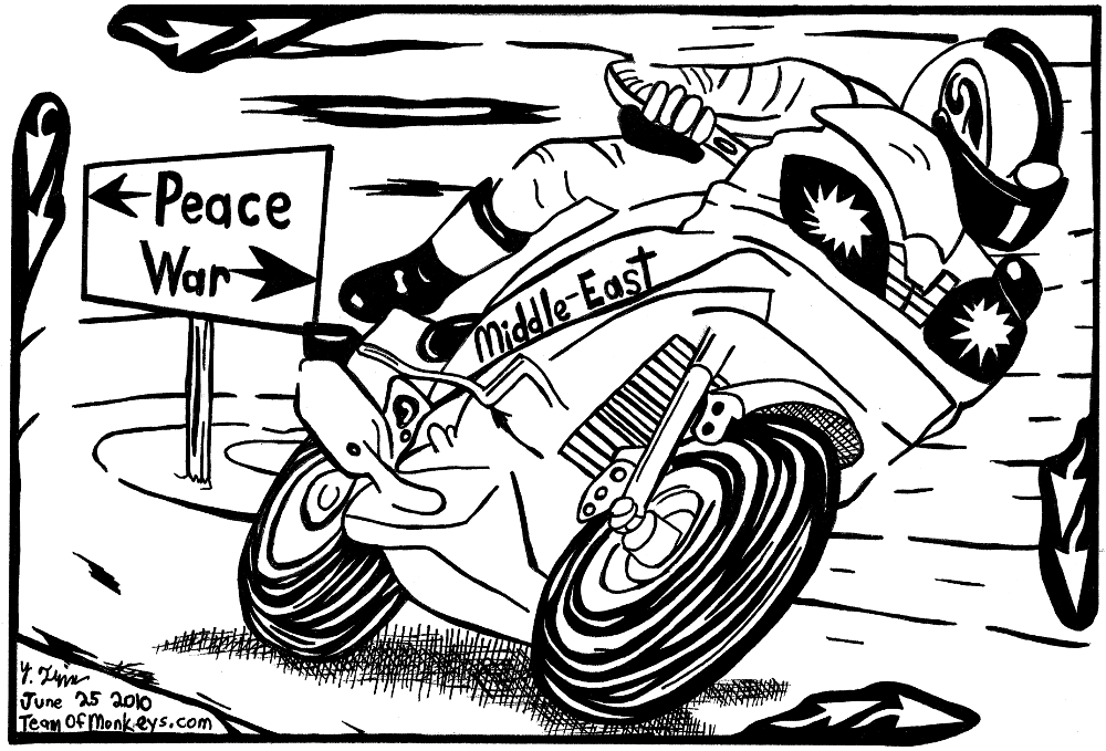 maze cartoon of road to peace or war motorcycle by Yonatan Frimer